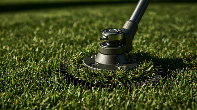 Elegent photo of A string trimmer head cuts green grass in a sunlit garden. This tool is perfect for professional landscaping or home lawn maintenance projects.