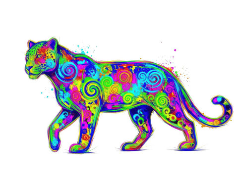 Colorful artistic leopard walking illustration isolated on white background