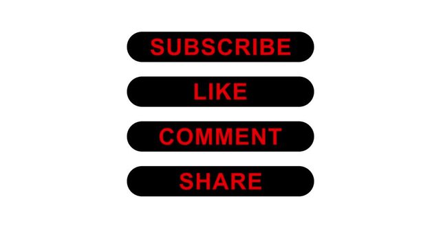 Motion graphics overlay with animated subscribe like comment share buttons for tv and online use. Modern clean interface design motion graphics of social media buttons subscribe like comment share.