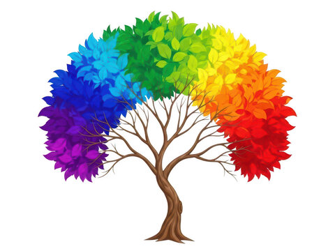 Colorful rainbow tree with vibrant leaves isolated on white background