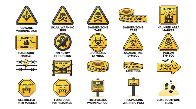 Collection of yellow caution and hazardous danger warning signs with security quarantine radioactive restricted boundary electric footsteps triangle octagonal protection attention emergency