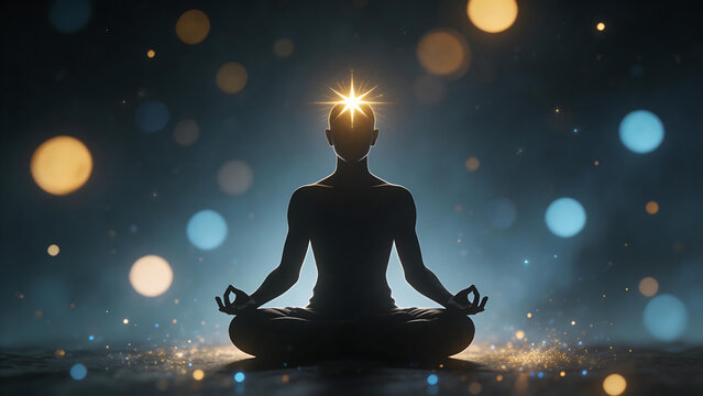 Silhouette of person meditating with glowing star