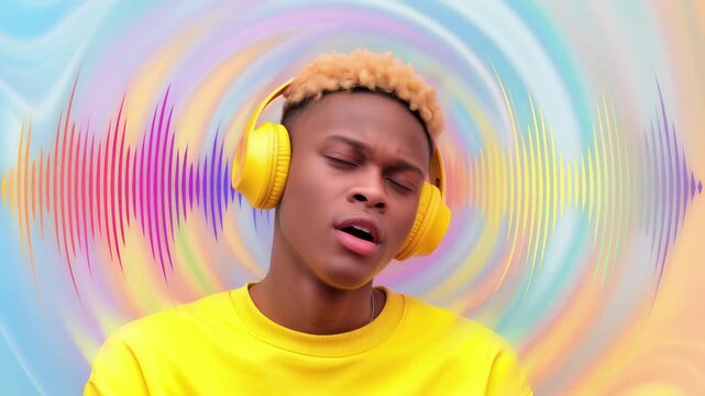 African American man listening to music with yellow headphones. Abstract sound waves and colorful spiral background. Lockdown medium shot.