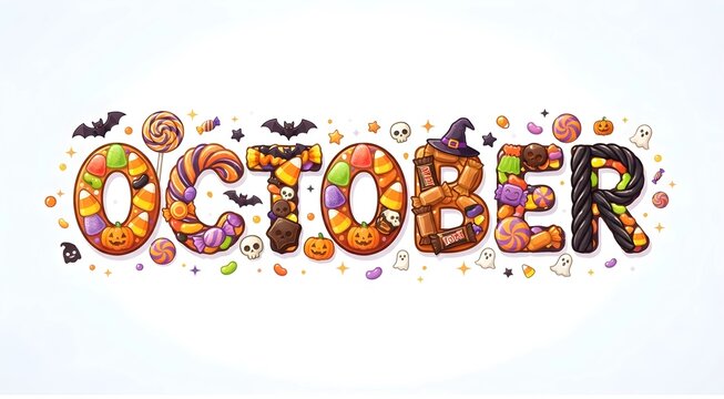 October text mde by candies, sweets and toffes in illustration style