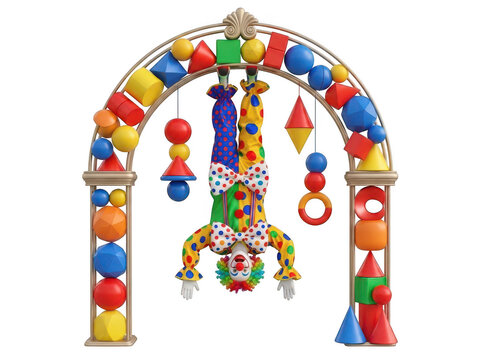 Funny clown performing a handstand under a colorful geometric shape arch