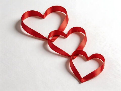 Red ribbon hearts on white surface