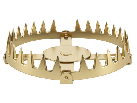 Golden metal animal trap with sharp teeth isolated on white background