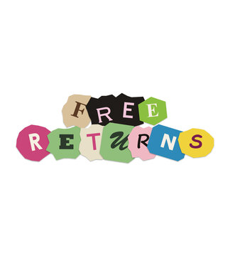 Free returns text on colorful paper collage shapes