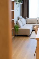 Bright modern living room featuring a neutral sectional sofa, soft cushions, wood floors and hanging indoor plants, creating a calm, cozy and minimalist interior with warm natural light and texture.  © Manual Mood