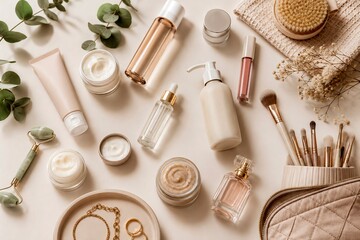 make up brushes, Composition with cosmetics, accessories and makeup products on white background 