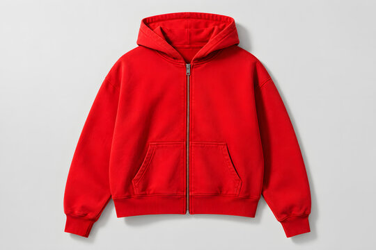 Bright Red Boxy Zip Up Hoodie in Washed Cotton Fleece on Light Studio Background