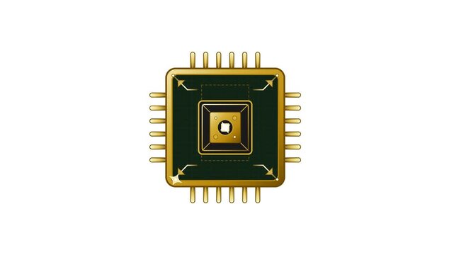 Golden processor microchip reading digital data with motion graphics animation
