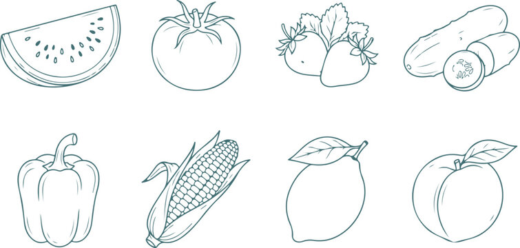 Fresh fruits and vegetables line art set with watermelon tomato strawberry cucumber pepper corn lemon peach.