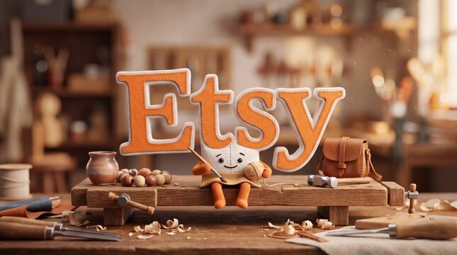 Etsy Logo and Mascot: A charming mascot sits beneath the bright orange Etsy logo, surrounded by crafting tools and materials in a cozy workshop setting.
