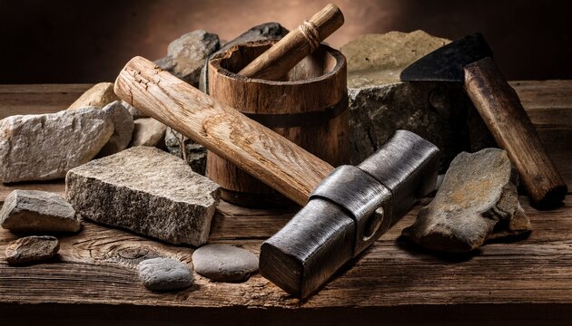 rustic tools and materials for stone masonry crafting and concept work