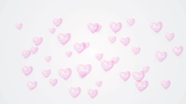 Luxury floating pink shiny hearts with love message over white motion background