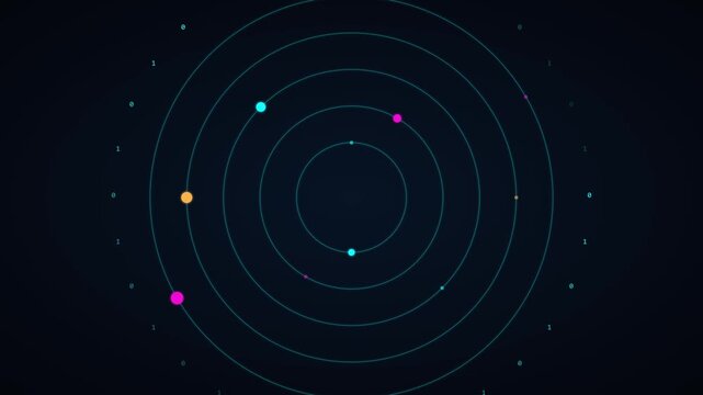 Abstract digital orbit animation with rotating colorful spheres and binary data code 4k background