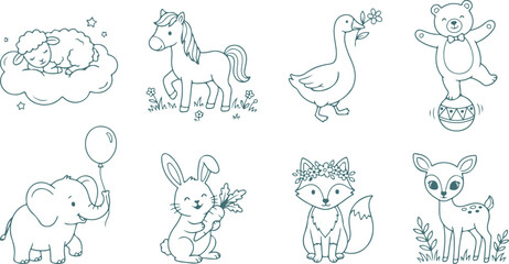 Obraz premium Cute cartoon animals for children and baby shower with farm and forest creatures isolated.
