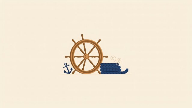 Nautical vector set featuring ship wheel anchor and coiled rope on beige background with displays nautical collection
