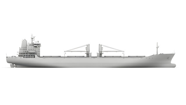 Side View of a Generic Large Cargo Bulk Carrier Ship Isolated on a White Background for Maritime Logistics and Global Shipping Industry Concepts