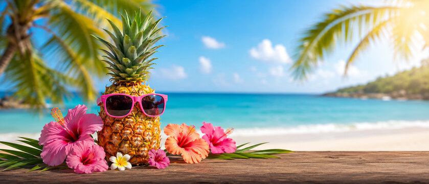 Pineapple with sunglasses on tropical beach with hibiscus flowers