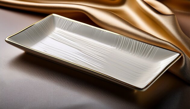 white rectangular dish with gold trim sits on flowing fabric this elegant serving platter is perfect for snacks or small bites at parties and gatherings adding a luxurious touch to any event