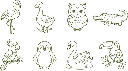 Obraz premium Cute cartoon animals line art drawings of flamingo goose owl alligator parrot penguin swan toucan.