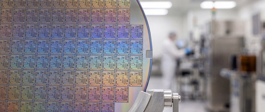 Semiconductor silicon wafer close-up in cleanroom microchip fabrication lab with engineer working