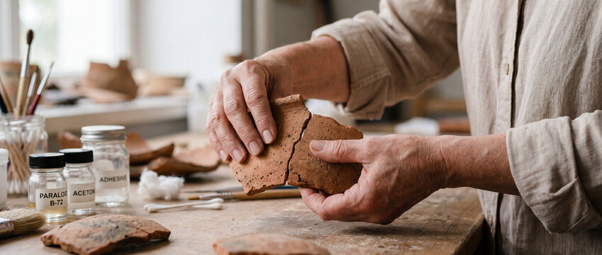 Conservator restoring ancient pottery shards by hand in a workshop conservation lab using adhesives and tools