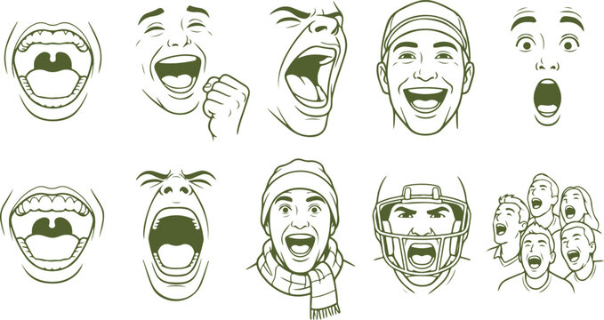 Exaggerated facial expressions line drawings of mouths open faces shouting cheering surprise excitement.