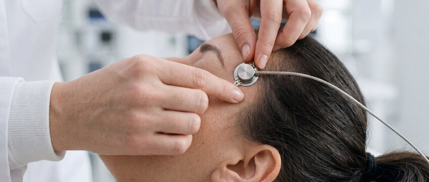 Audiologist adjusting cochlear implant processor on patient during hearing care consultation in clinic
