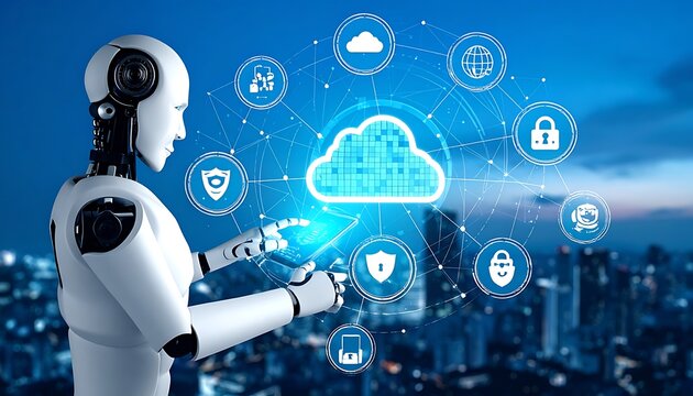 Robotic artificial intelligence interacting with cloud computing network, data security, and digital transformation concepts over cityscape