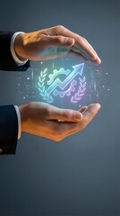 Obraz premium Businessman hands holding glowing holographic growth icon with upward arrow and gears, representing business success, digital innovation and financial growth strategy.