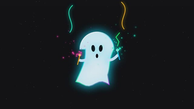 Cute cartoon ghost character dancing with magic wands motion animation video loop