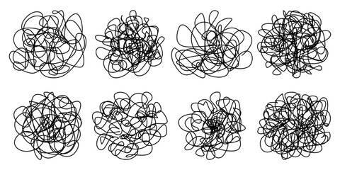 Hand drawn tangled line scribble set. Abstract messy doodle symbols representing overthinking, confusion, stress, mental health, brainstorming, chaos, complexity and creative thinking. © IRYNA