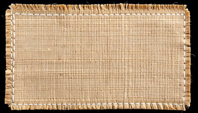 Rough burlap fabric rectangle with frayed edges and stitched outline, textured material for rustic design