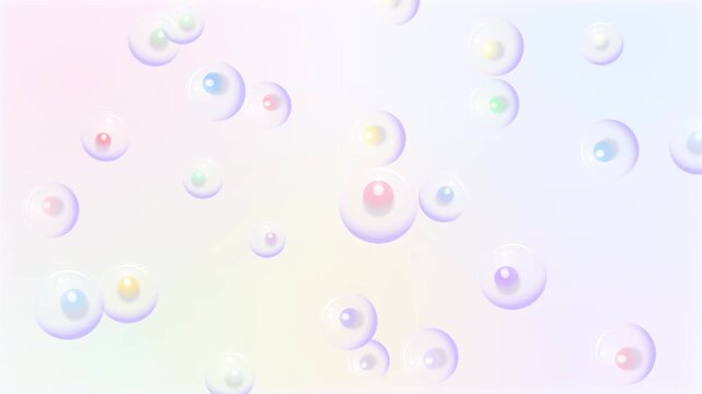 Colorful 3D glass bubbles floating slowly against a soft luxury pastel background
