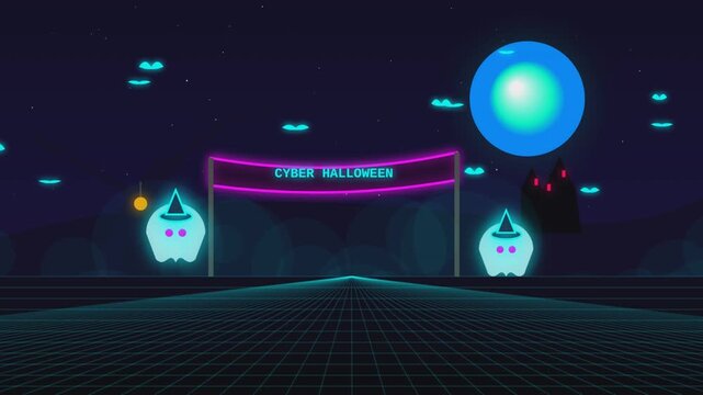 Cyber halloween virtual environment with ghosts and neon grid motion animation video loop
