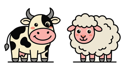 Obraz premium Smiling cartoon cow and sheep together Vector