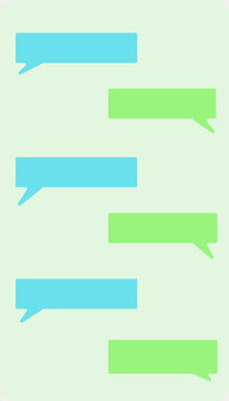 Six rectangular speech bubbles in alternating blue green chat layout on pale green background.