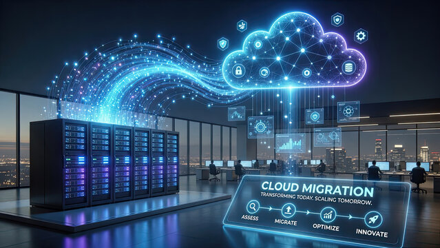 Cloud migration concept transforming data today for a scalable tomorrow with advanced technology and analytics