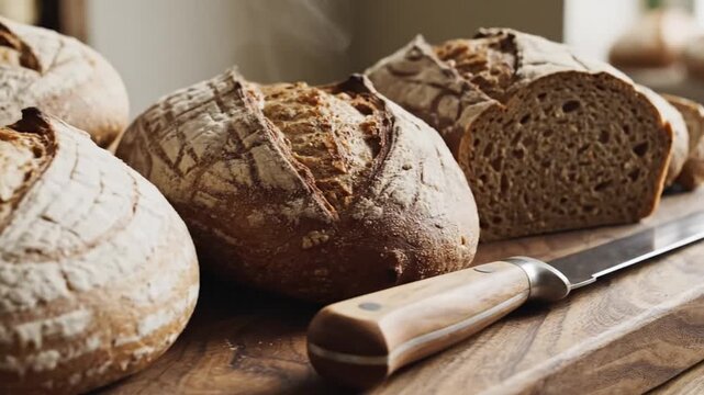 Freshly baked artisan bread loaves rest on a wooden surface