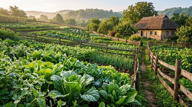 Rustic vegetable garden with lush green crops, traditional farmhouse in a rural landscape, organic farming and sustainable agriculture scene isolated PNG with Transparent Background