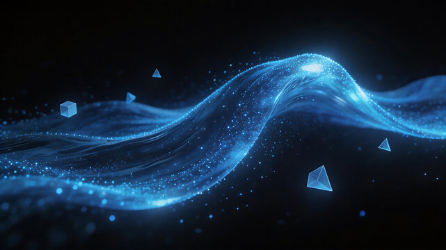 Blue glowing wave with geometric shapes