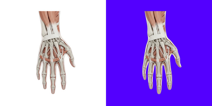 Human hand anatomy showing muscles and tendons medical 3D rendering transparent png