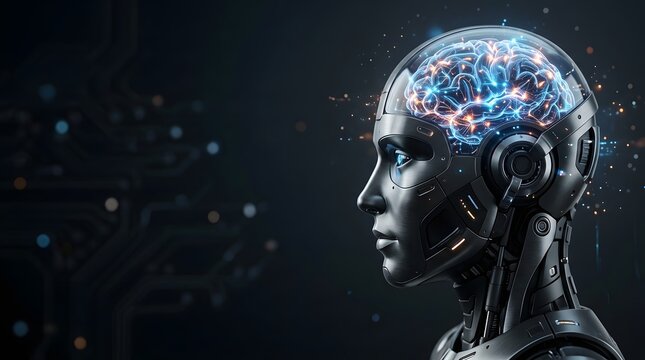 Artificial intelligence robot head with glowing digital brain, humanoid cyborg profile with neural network, futuristic machine learning concept