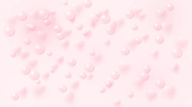 Luxury pastel pink glass hearts and spheres floating on a soft romantic background