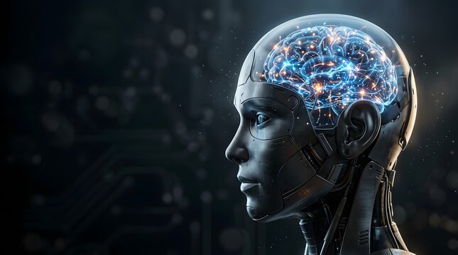 Artificial intelligence robot head with glowing digital brain, humanoid cyborg profile with neural network, futuristic bionic android mind concept