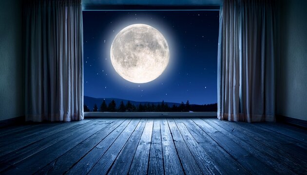 a serene night view through a window featuring a glowing full moon illuminating a quiet room atmosphere