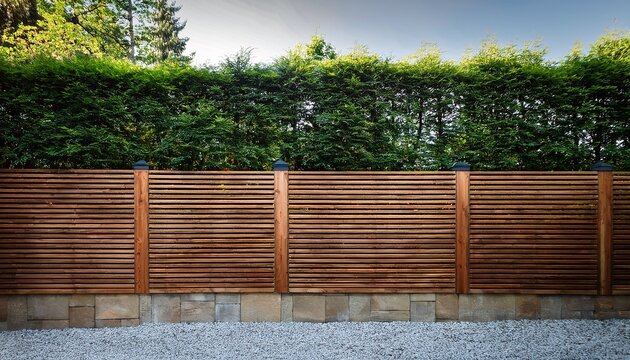 modern wood screen fence stone wall lush green trees landscaped garden contemporary house natural materials outdoor design